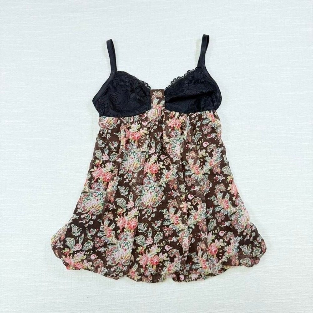Y2K Paisley Lace Babydoll Cami‎ Sheer Glitter Coquette Top Womens S